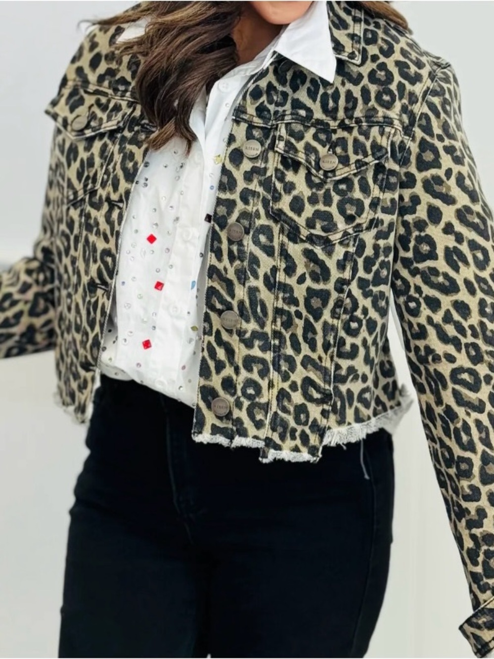 RISEN Leopard Print Cropped Denim Jacket - Beige/Black